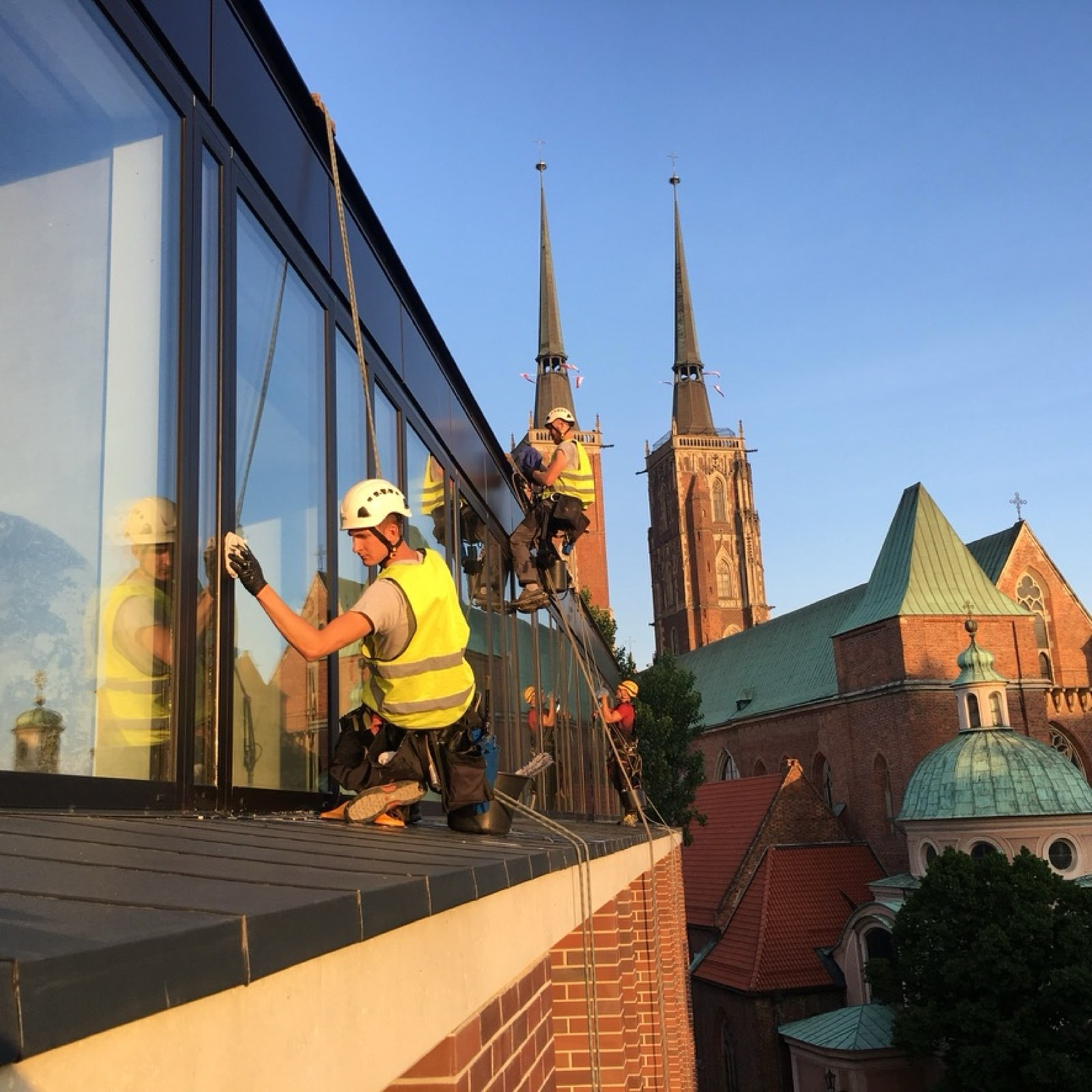 Alpiniści przemysłowi Mycie24.pl myjący przeszklenia biurowca, w tle katedra wrocławska